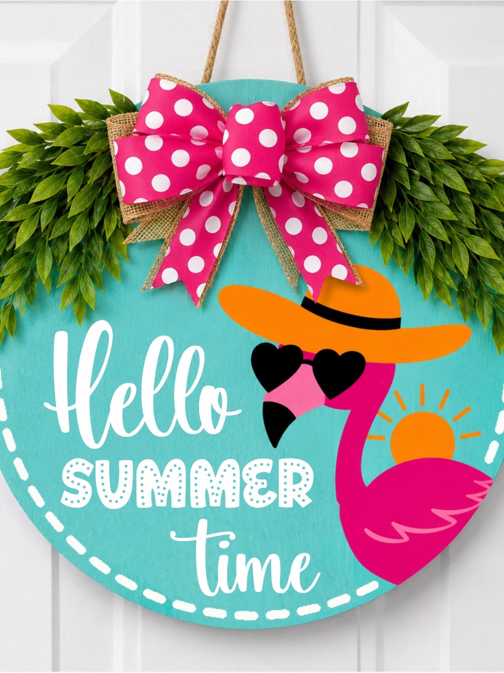 Hello Summer Time Pink Flamingo Door Hanger - Bright Turquoise front door decor